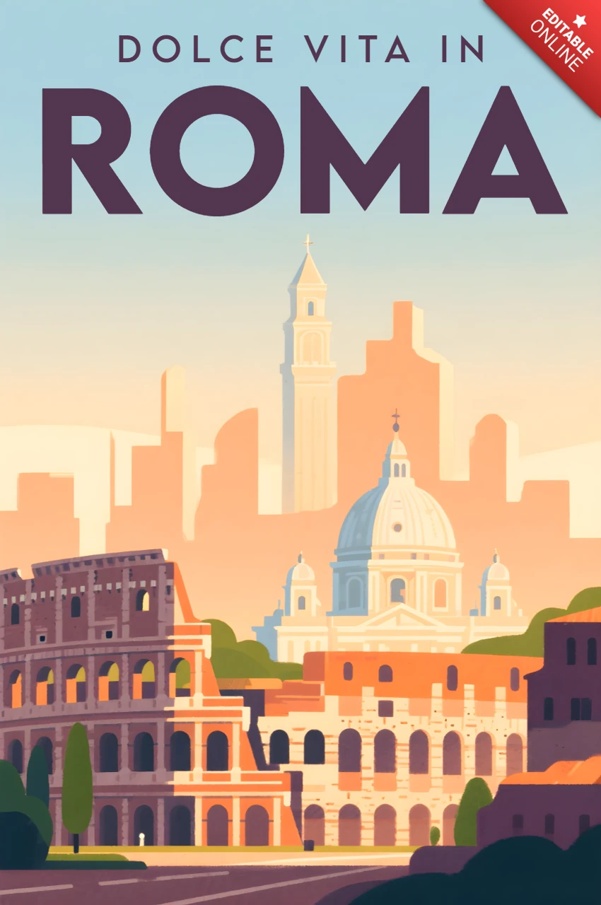 Reiseplakat-Designvorlage mit ikonischen Sehenswürdigkeiten Roms im Vintage-Stil