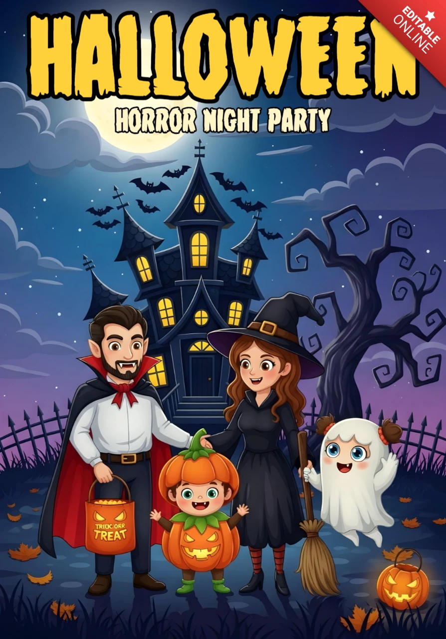 Halloween Horror Night Flyer Template Haunted House Scene with Witch, Vampire, Ghost & Pumpkin Characters Design for Festive