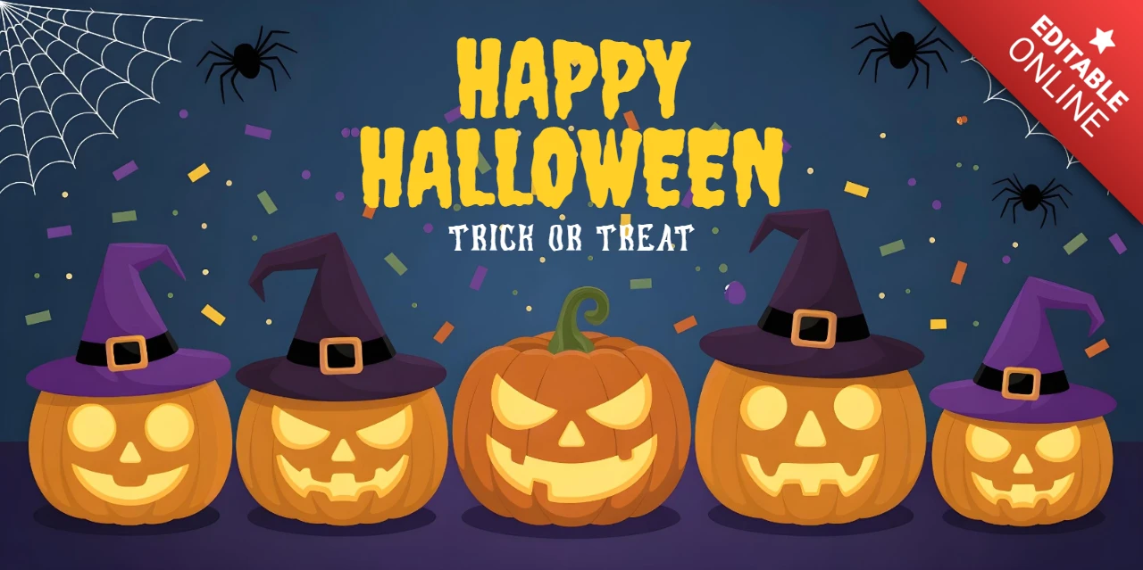 スプーキーなハロウィンジャック・オー・ランタンパレード、コンフェッティとフェスティブな雰囲気のYouTubeカバーデザインテンプレート