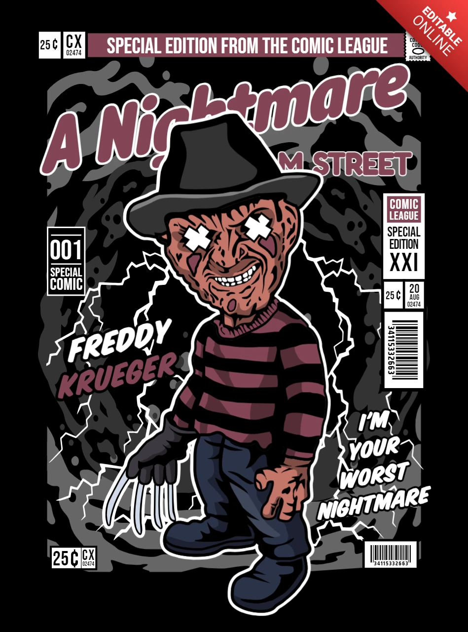 Pesadilla en la calle elm personaje de dibujos animados plantilla de diseño de portada de revista