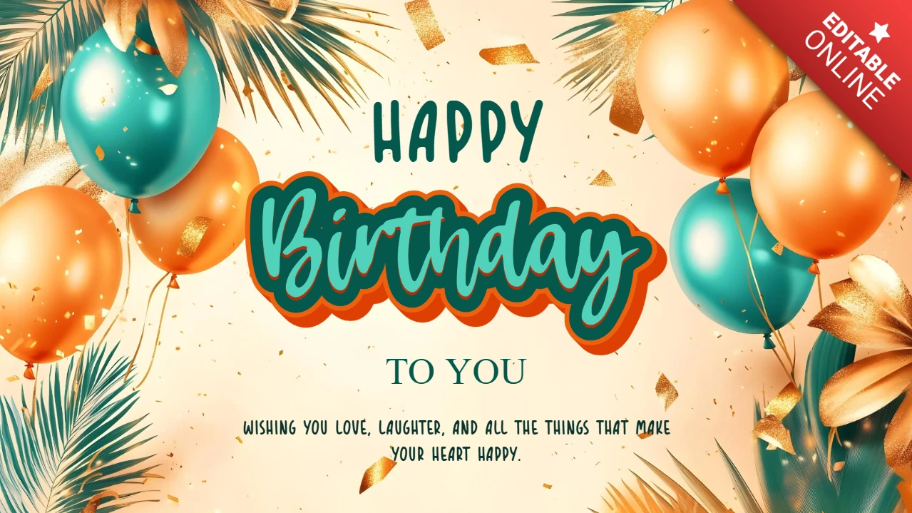 Modèle de carte d'anniversaire avec ballons tropicaux orange et sarcelle