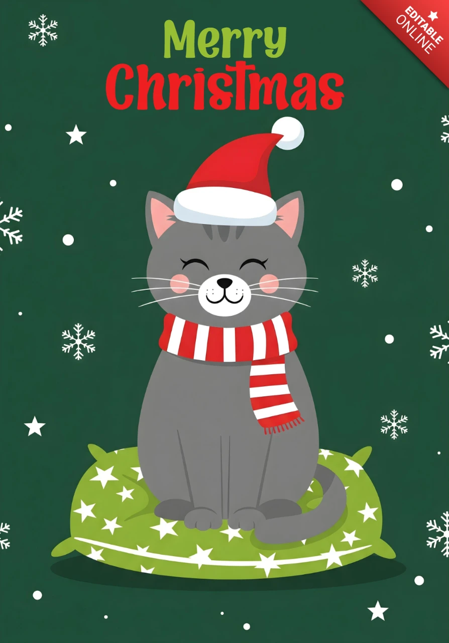 Cartão de Natal com um gato cinza fofo de chapéu de papai noel e cachecol em uma almofada estrelada com flocos de neve.