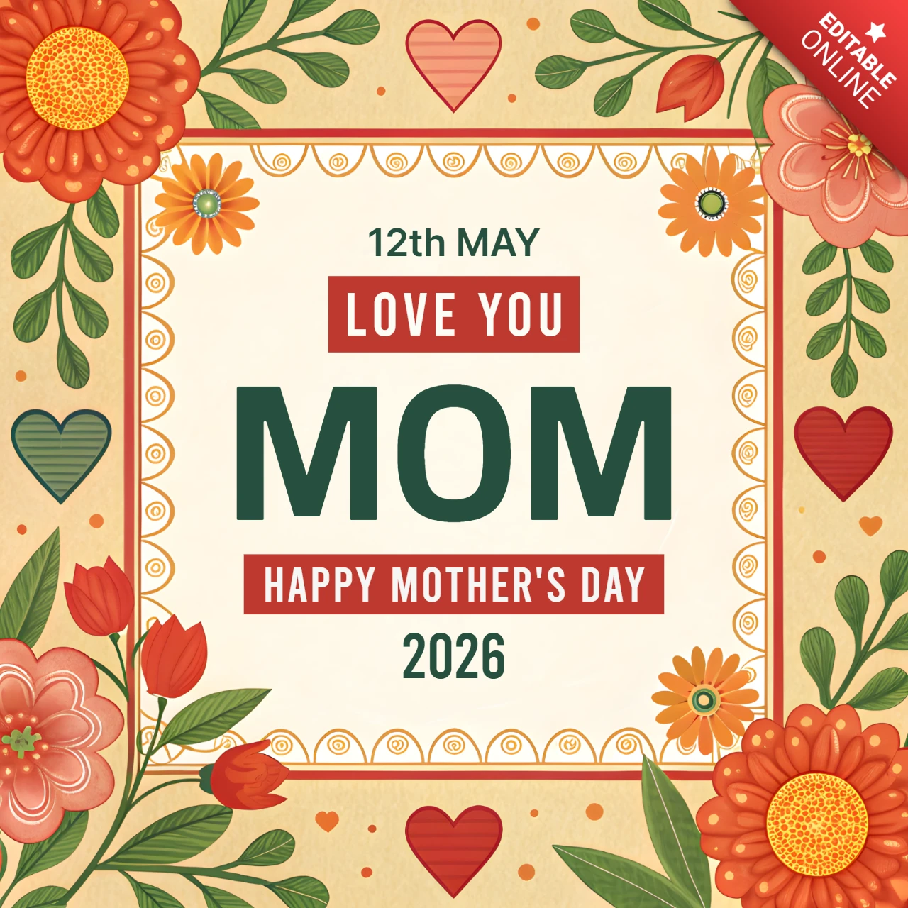 Floral Mother's Day Card Template Design - Editable Love You Mom Greeting for 2026