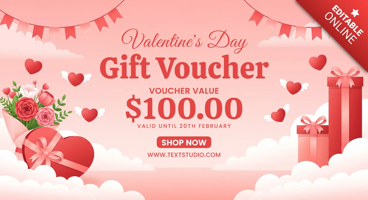 Modelo de voucher de presente para o Dia dos Namorados com corações decorativos, caixas de presente e fundo festivo para promoções.