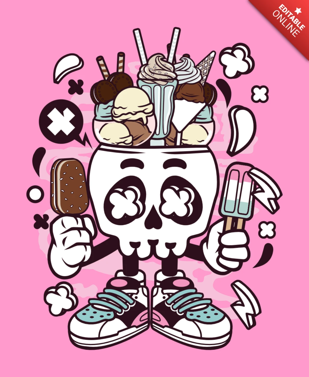 Ice Cream Skull Head Cartoon Character Poster Design Template