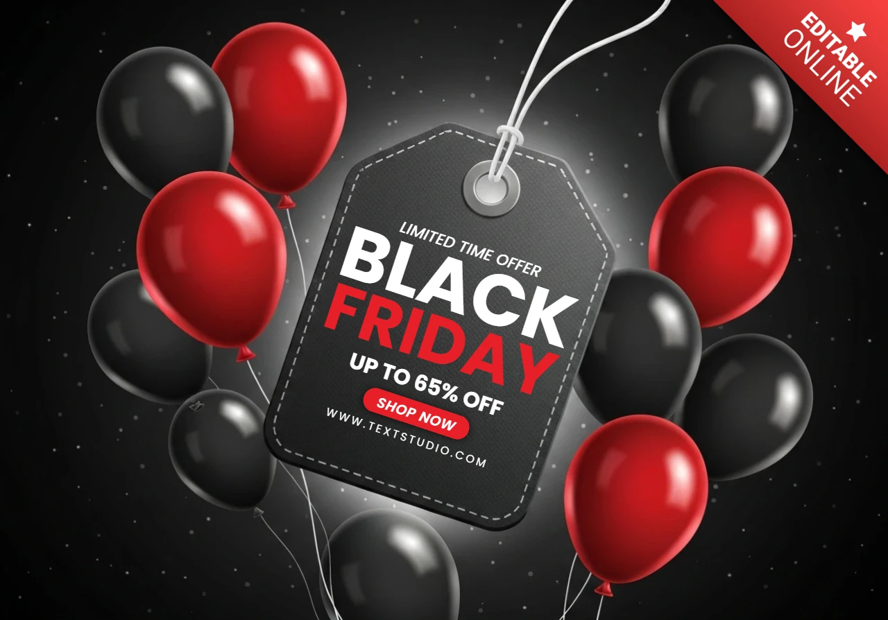Plantilla de diseño para volantes promocionales de celebración de venta festiva de Black Friday con globos y etiqueta de descuento central.