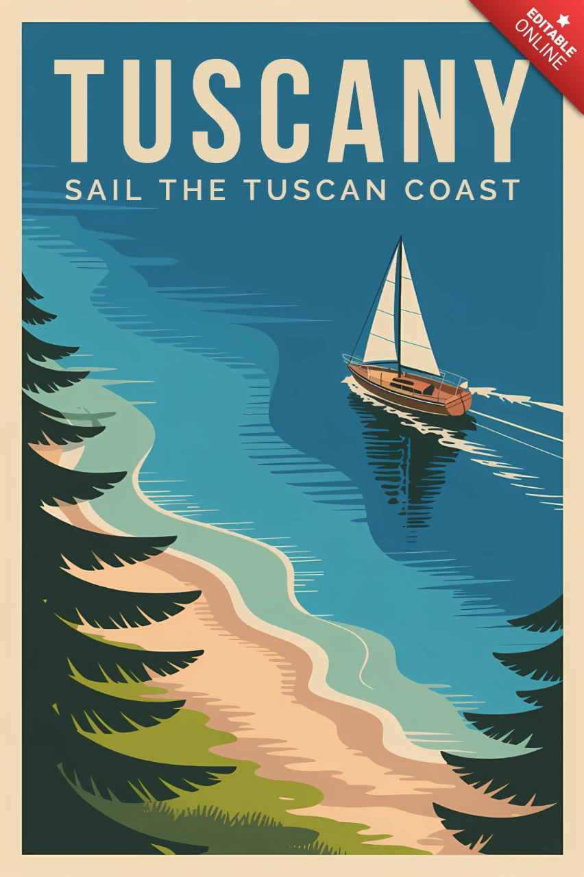 Vintage-Reiseplakat-Designvorlage für ein Segelabenteuer an der toskanischen Küste
