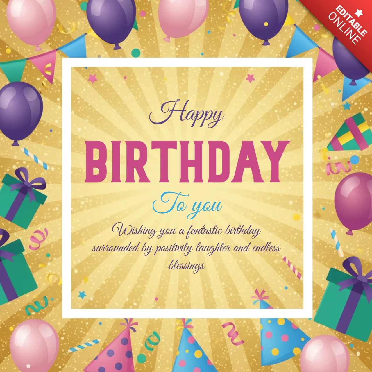 Festive Birthday Poster Gold Burst Background with Balloons, Streamers, Pennant Banners, and Party Decorations