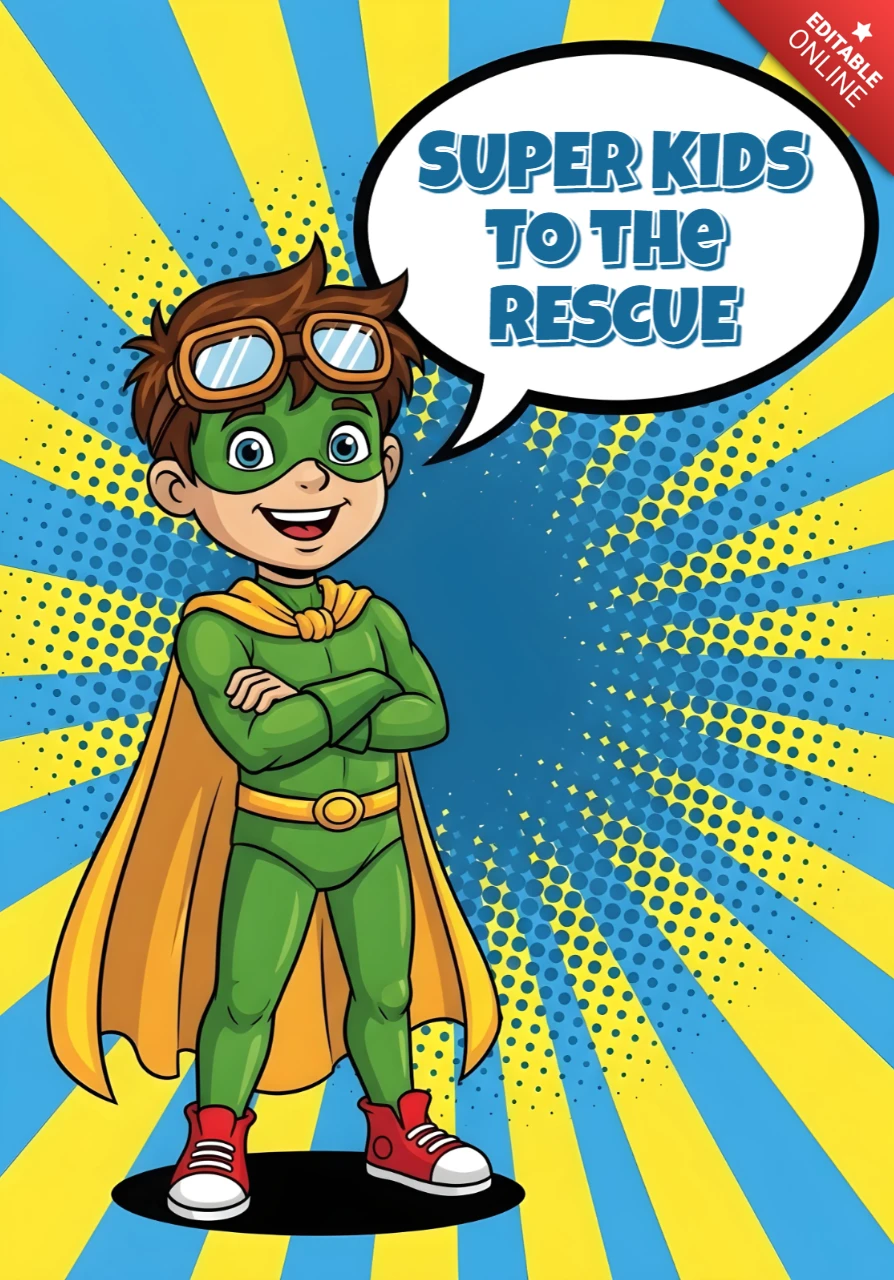 Kinder superheld muurkunst 'super kids to the rescue' stripstijl met cape en bril posterontwerp sjabloon
