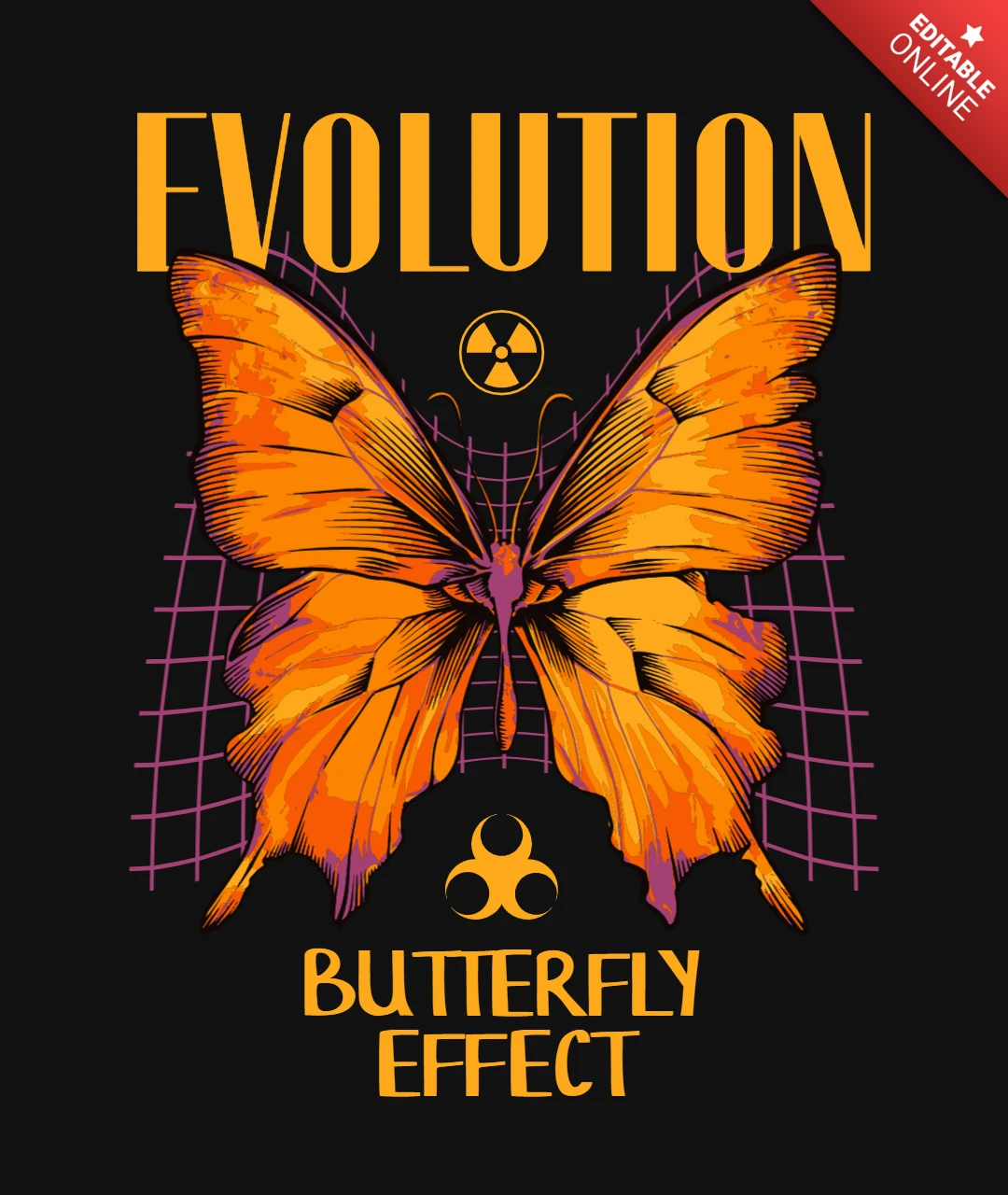 Butterfly Effect Orange Wings with Purple Grid & Mutation Motif T-Shirt Design Template