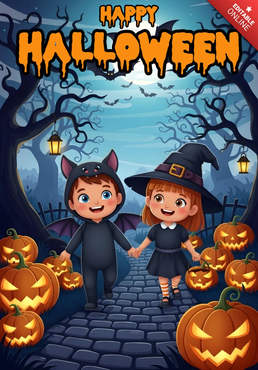 Invito di Halloween spettrale con bambini in costume, alberi contorti e zucche luminose, template per volantini festivi.