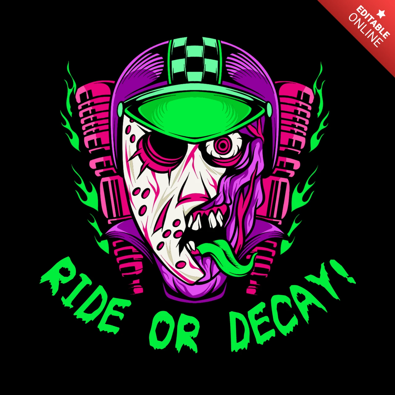 RIDE OR DECAY Punk Zombie Biker with Fiery Helmet, Flames & Cyber-Mech Aesthetic T-Shirt Design Template