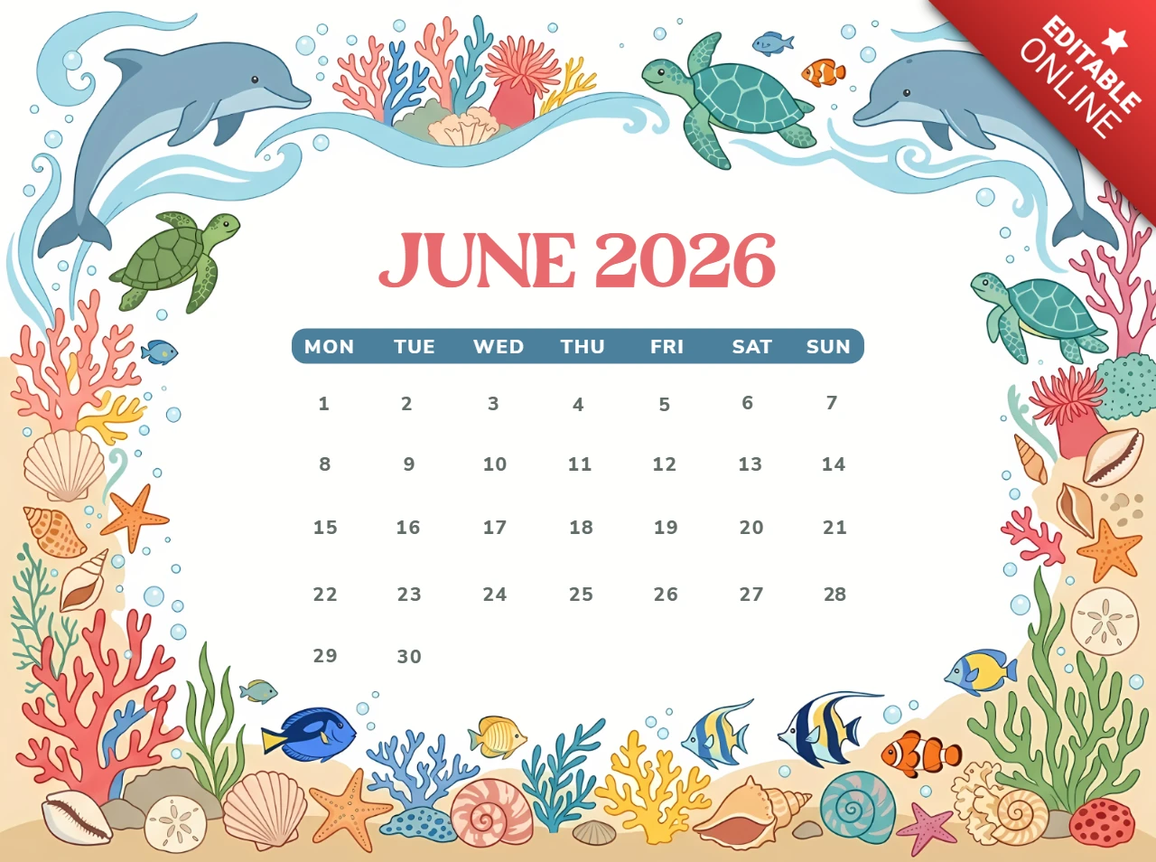 Calendrier mensuel de juin 2026 avec des illustrations de la vie marine sous-marine et des récifs coralliens.