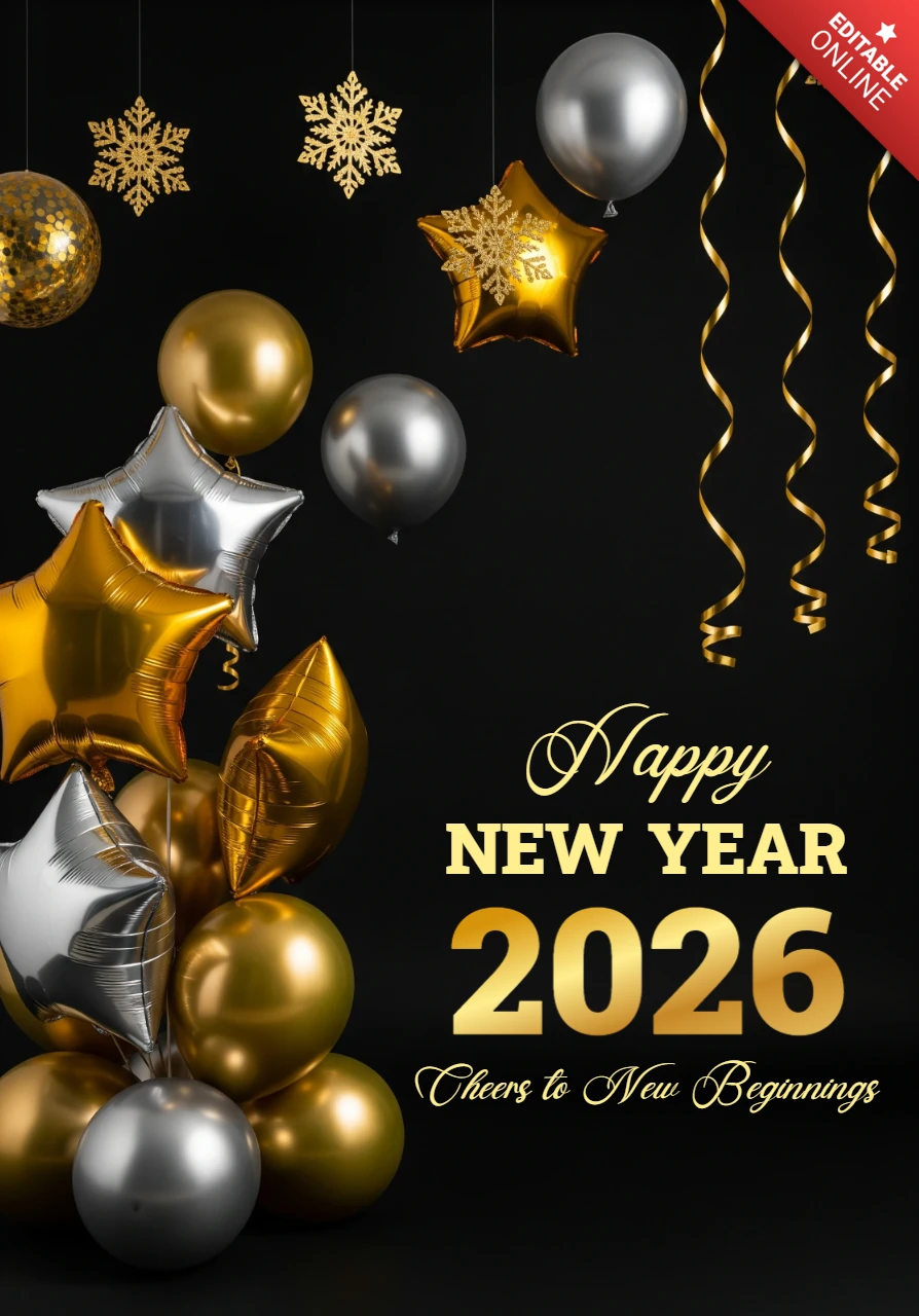 Happy New Year 2026 Poster Black Festive Background with Gold Snowflakes and Metallic Balloon Cluster