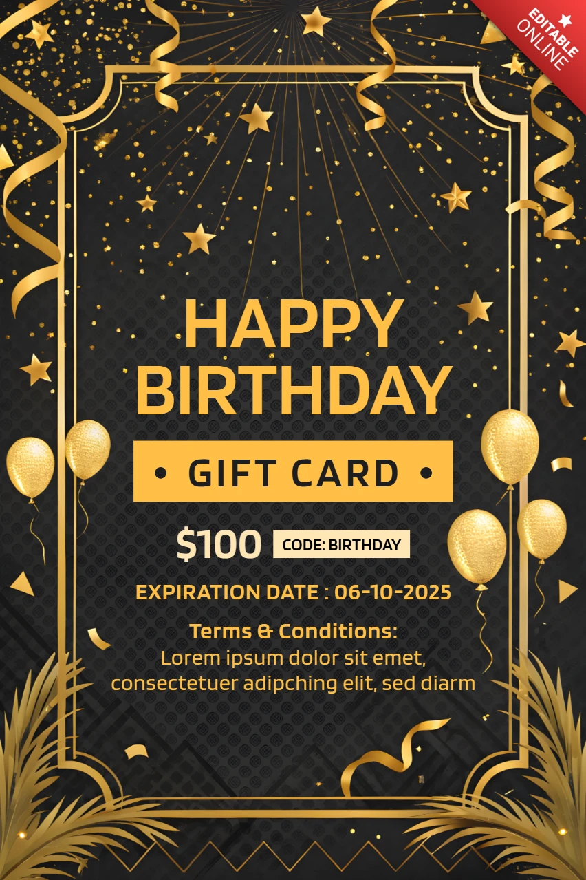 Elegant Gold and Black Birthday Gift Card Design Template