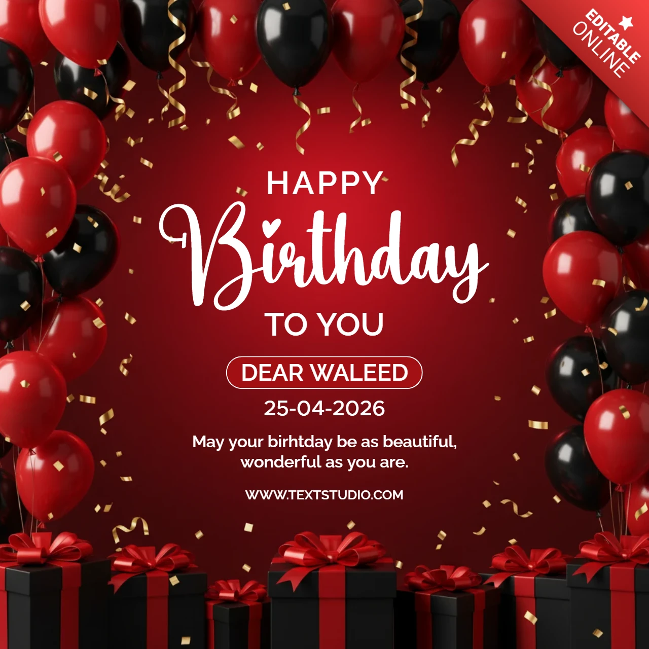 Birthday Party Poster Red and Black Balloons, Golden Confetti, and Gift Boxes Festive Celebration Theme