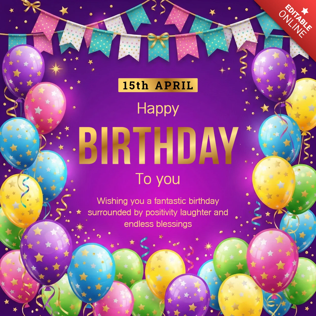 Póster decorativo de cumpleaños fondo morado con globos, estrellas y alegres deseos de cumpleaños