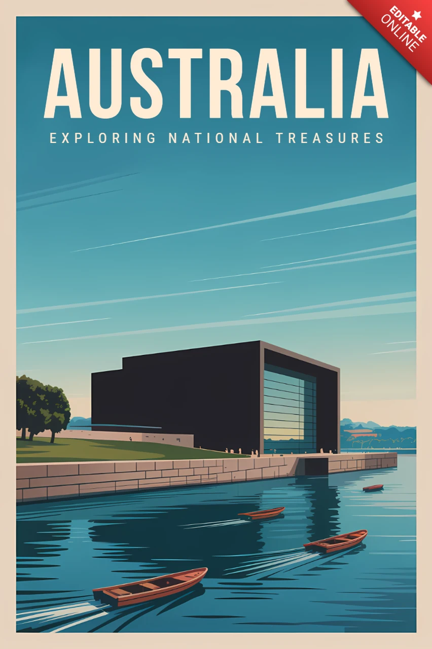 Plantilla de diseño de cartel de viaje vintage de Australia que presenta un hermoso paseo marítimo y arquitectura moderna.