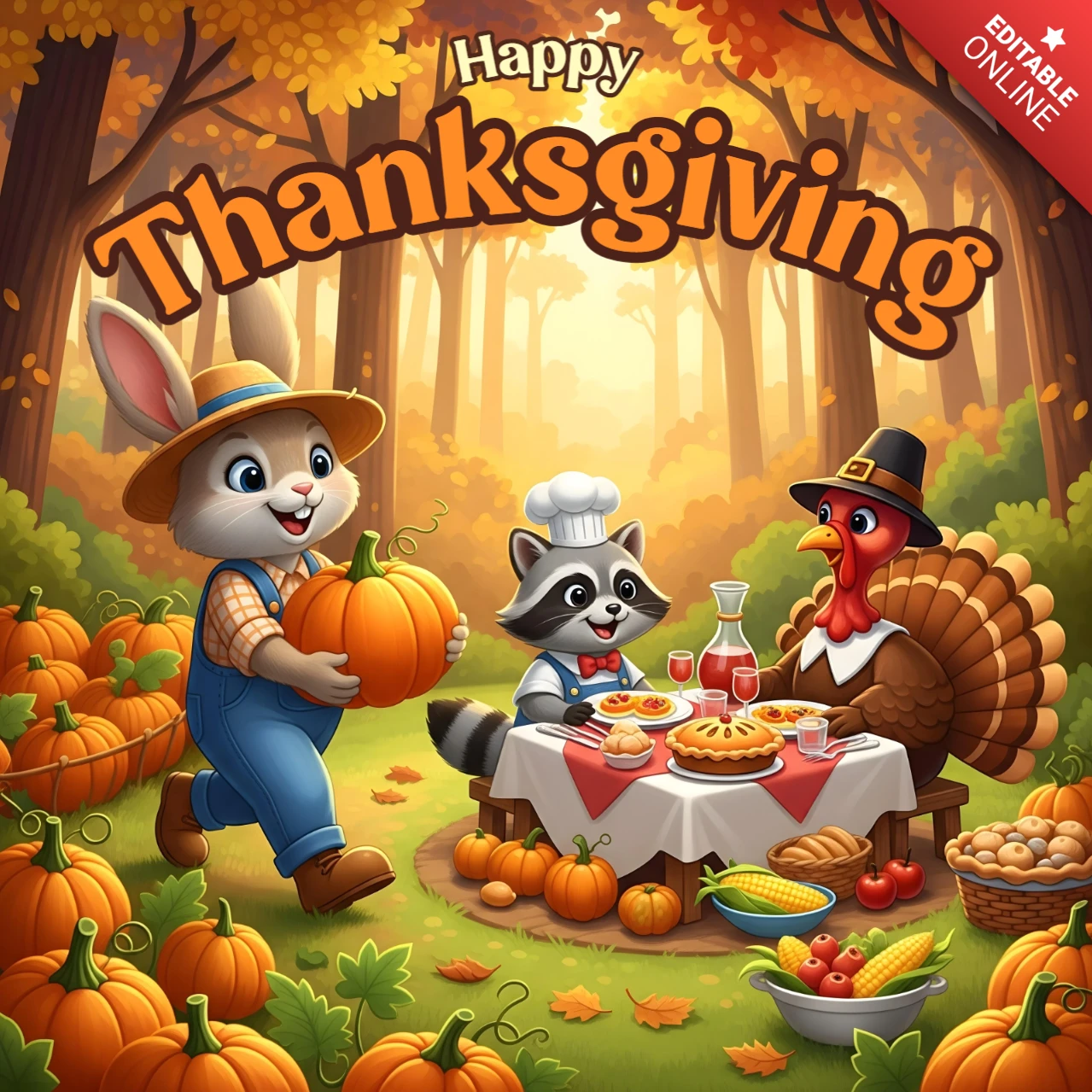 Tarjeta de felicitación de Acción de Gracias para niños con un pavo de dibujos animados, conejo y mapache en un diseño de banner de picnic de otoño.