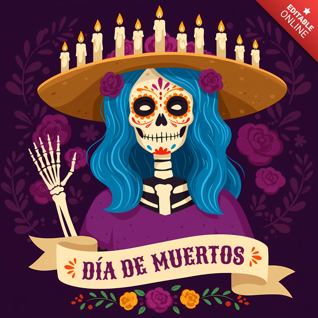 Dia de Muertos Design Template for Festive Posters with Skull and Floral Elements