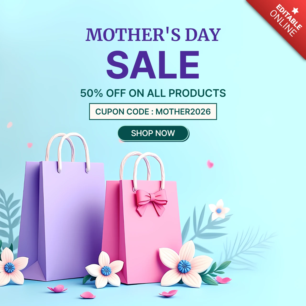 Mother's Day Sale Design Template with 3D Gift Bags and Floral Elements
