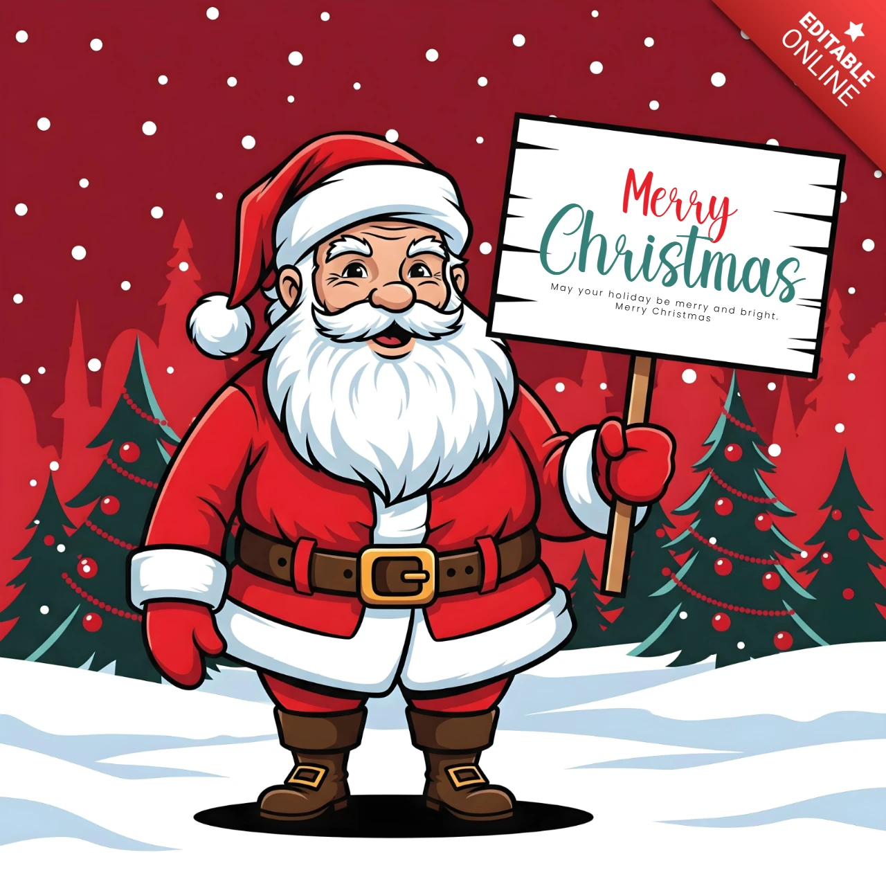 Frohe Weihnachten Plakat, Santa hält ein Holzbrett in einer Winterszene mit rotem Himmel und Ornamenten, Designvorlage.