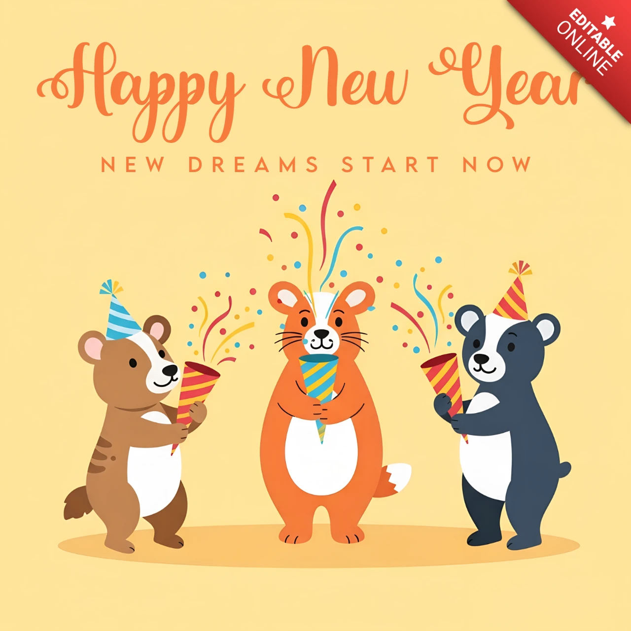 Joyeuse année modèle de design d'amis animaux mignons pour cartes de vœux