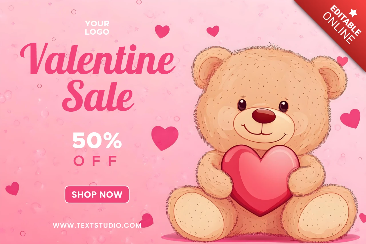 Venta de San Valentín rosa plantilla comercial con lindo oso de peluche