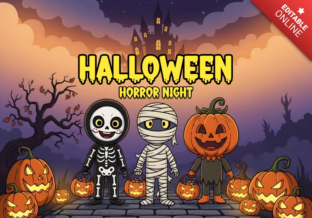 Halloween Horror Night Skeleton, Mummy & Pumpkin-Head Kids with Haunted Castle, Bats & Glowing Pumpkins Design Template for Festive Flyers