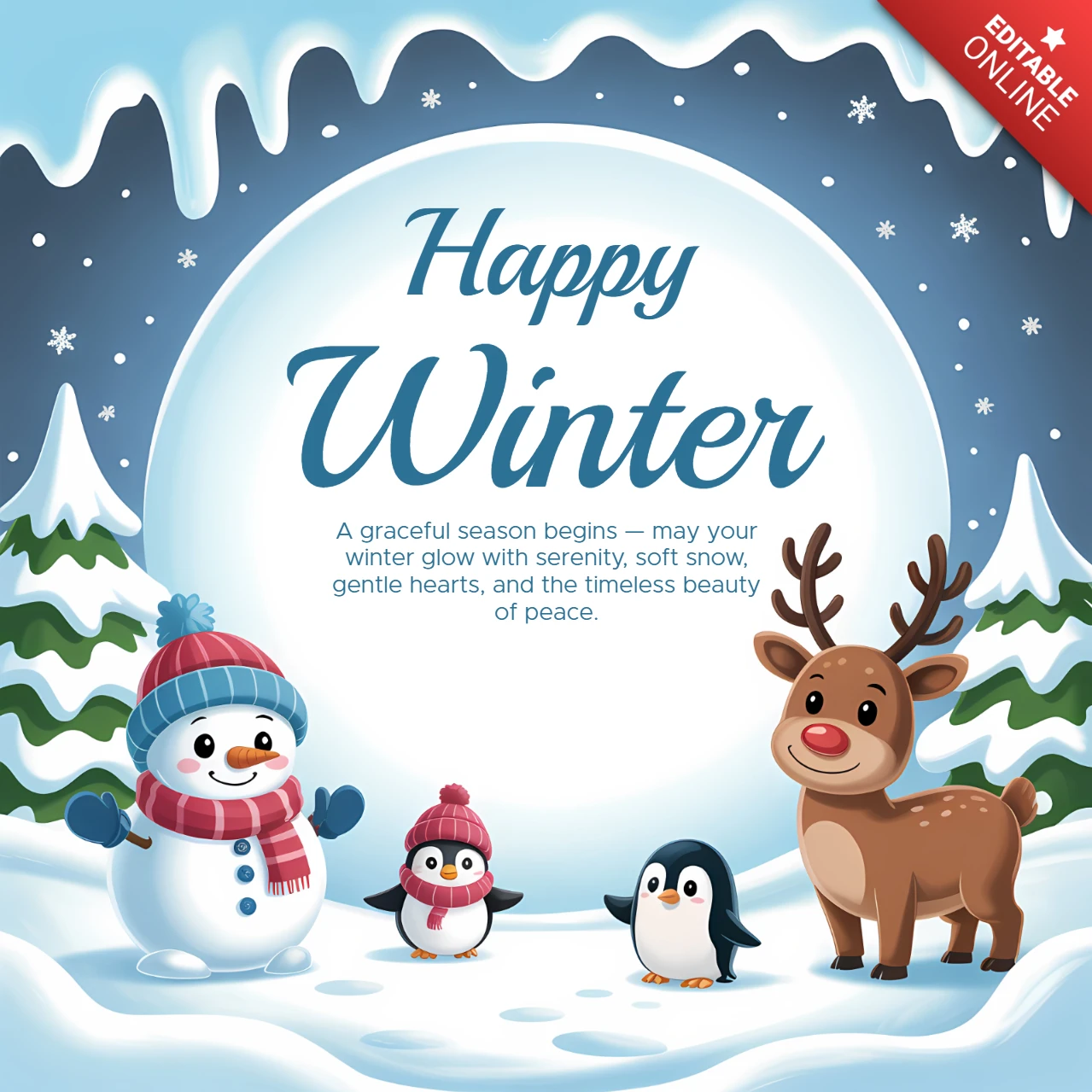 Winter Wonderland Design Template for Holiday Greeting Cards Featuring Snowman Penguin and Reindeer