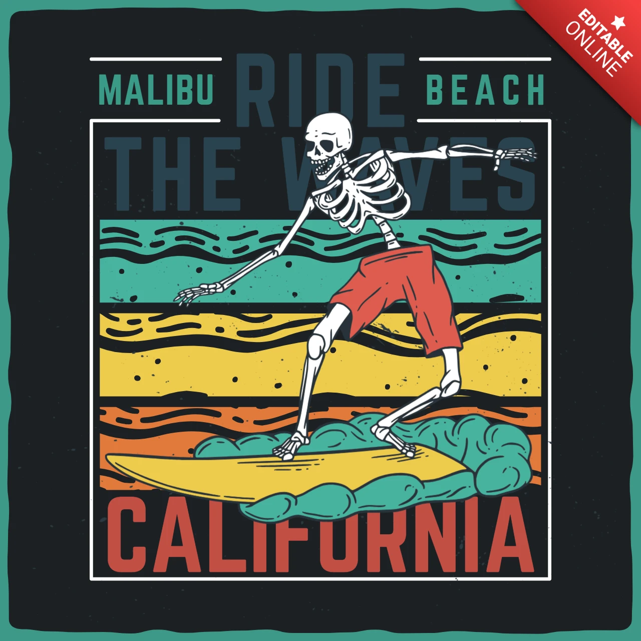 Squelette avec planche de surf modèle de t-shirt