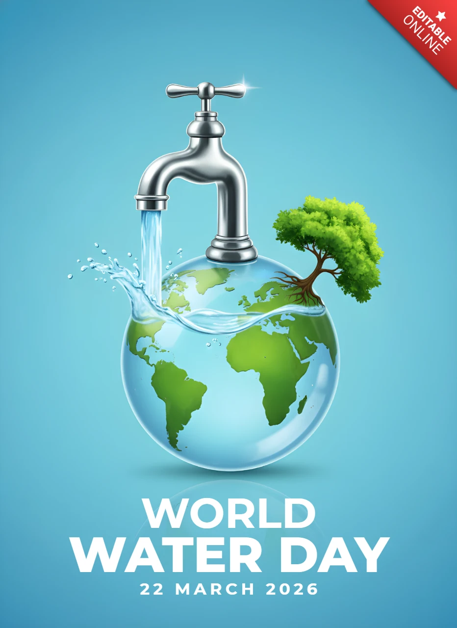 Affiche de sensibilisation environnementale pour la Journée mondiale de l'eau 2026 présentant un globe, un robinet et un arbre symbolisant la vie et la durabilité.