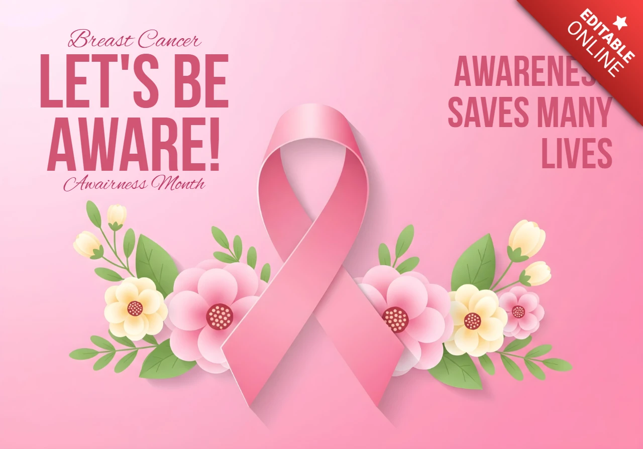 Plantilla de diseño de banner con cinta rosa de concienciación sobre el cáncer de mama floral y mensaje que salva vidas.