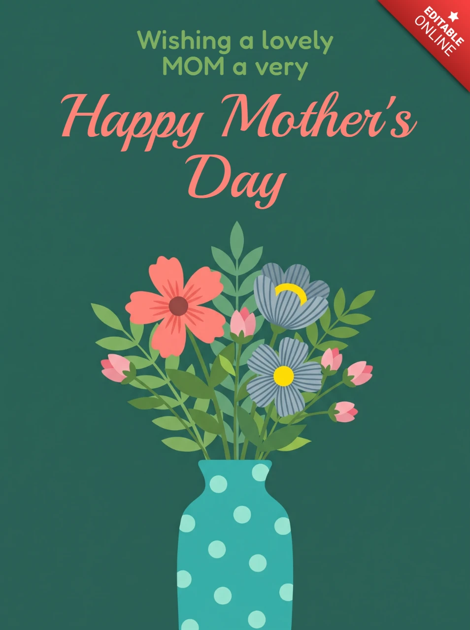 Schöne Muttertagskarte mit dem Text „Einer lieben Mama“, einer Illustration einer türkisfarbenen Vase und hellen Aquarellblumen
