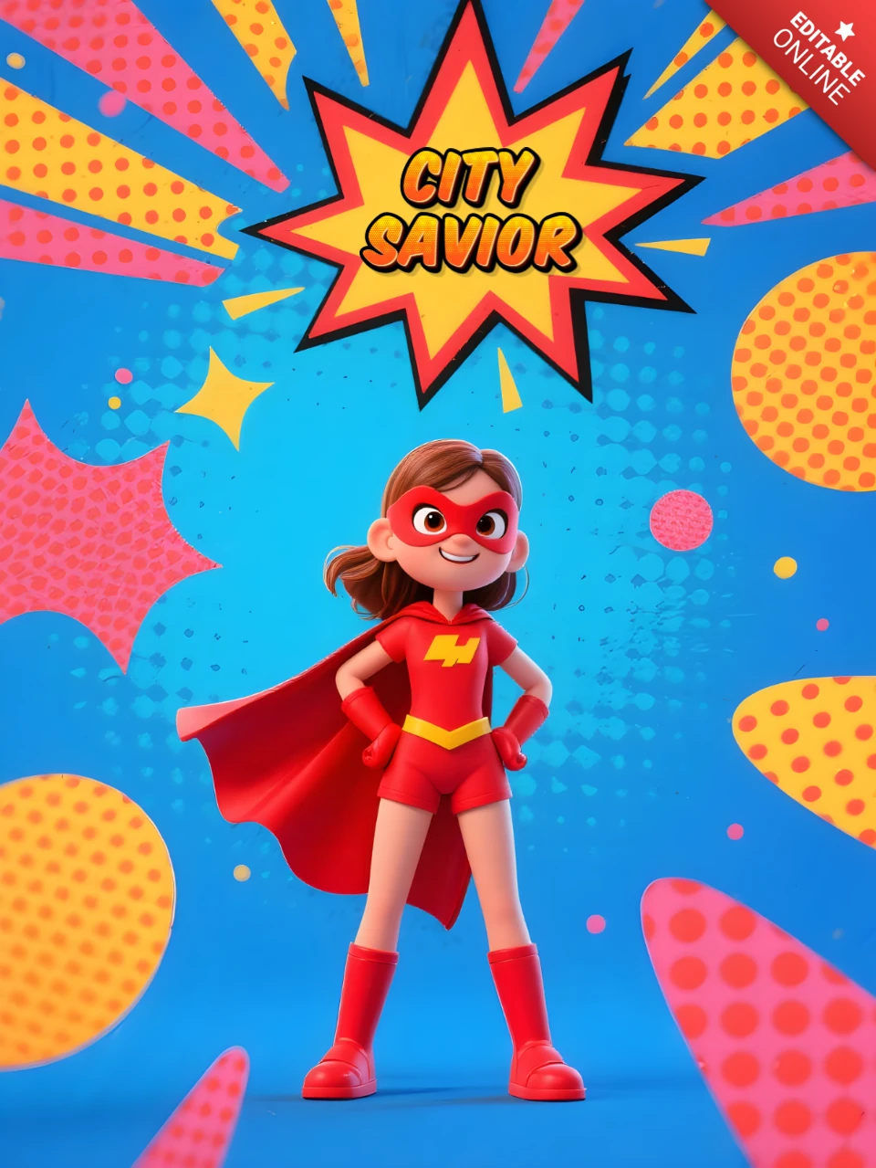 Plantilla de diseño de superhéroes para invitaciones de fiestas infantiles con estilo cómico colorido.