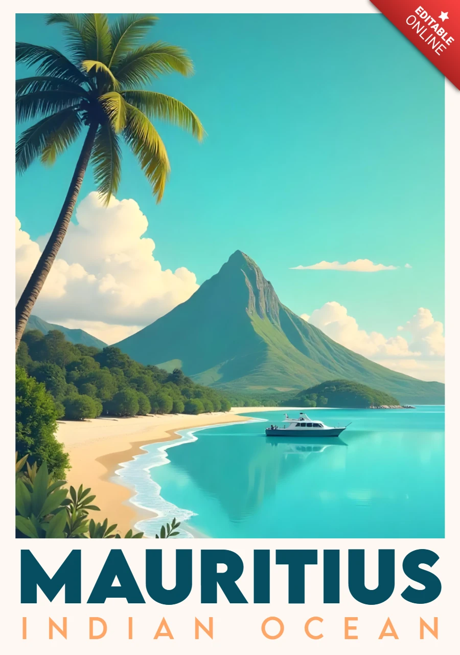 Design de cartaz de viagem retrô com a montanha Rempart de Mauritius para uso promocional.