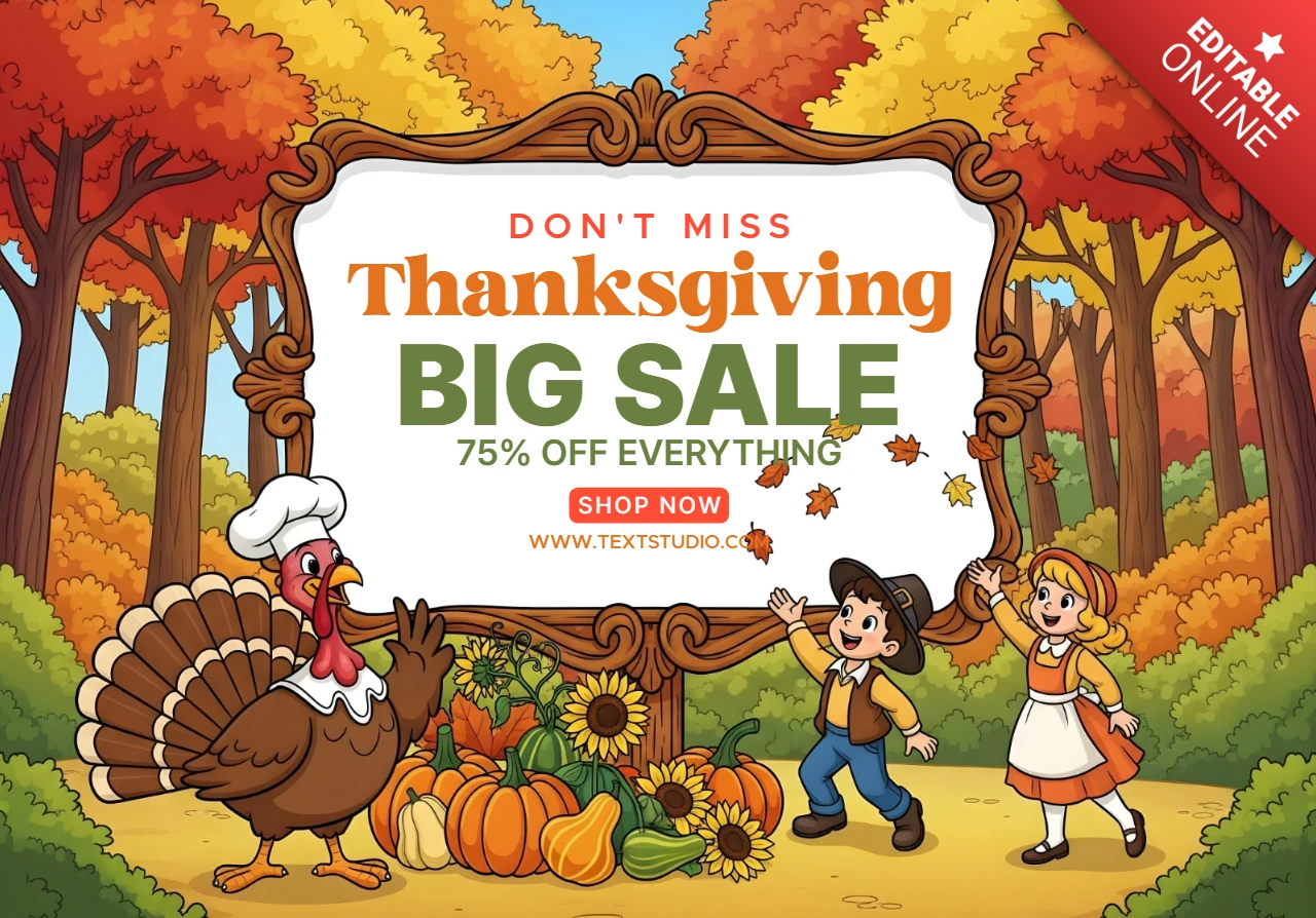 Holiday Shopping Promo Thanksgiving Theme with Pumpkins, Leaves & Traditional Outfits Promotional Sale Banner Design Template