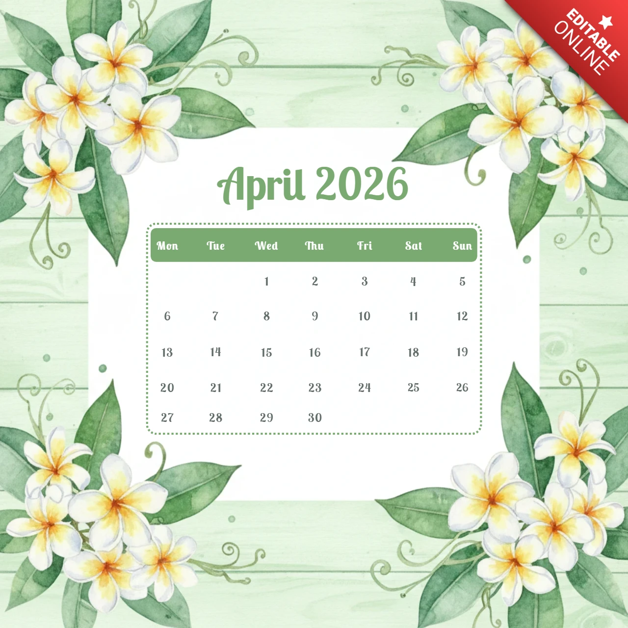 Poster del calendario di aprile 2026 con fiori di plumeria bianchi e gialli, foglie verdi e un design decorativo elegante del calendario.