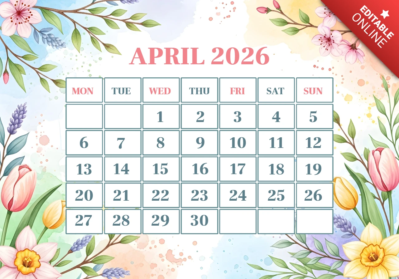 Nisan 2026 takvim posteri — laleler, nergisler, lavantalar, kiraz çiçekleri ve pastel bahar çiçek teması