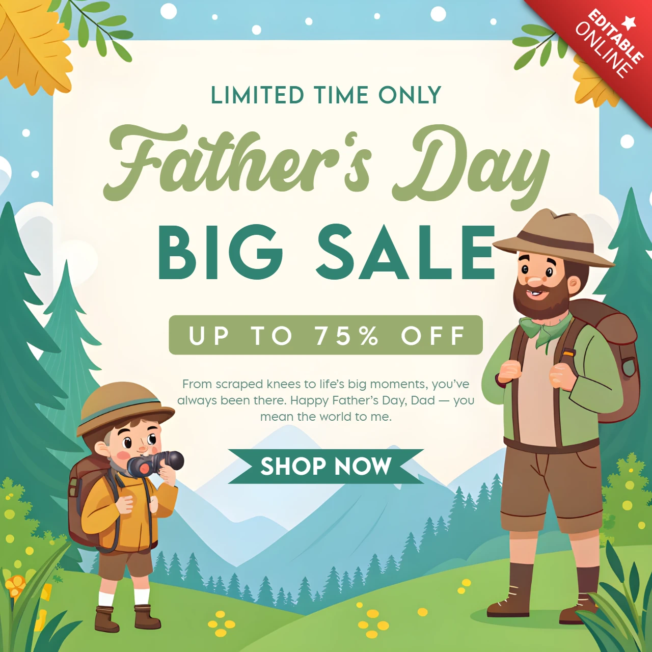 Playful Father's Day Sale Template Design - Editable Cartoon Style with Nature Elements