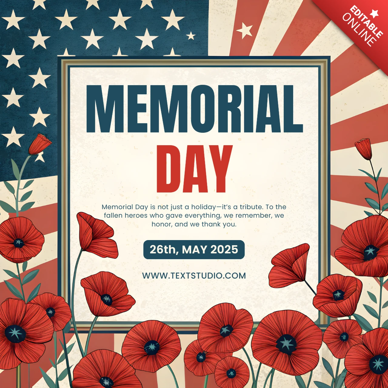 Vintage Memorial Day Design Template with Poppies and American Flag