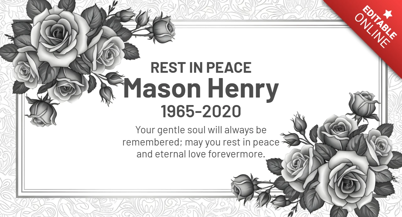 Affiche de condoléances avec fond noir et accents de rose blanche, modèle de conception repos en paix