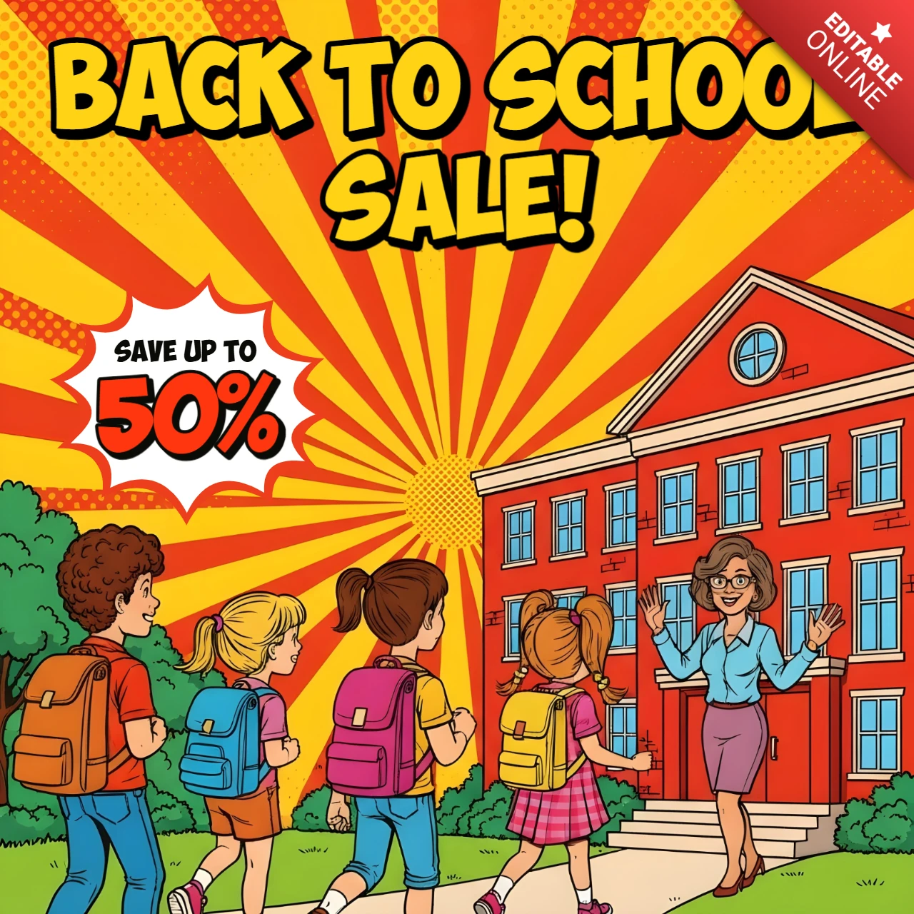 Zurück zur Schule Wandkunst bunte Comics mit Schülern, Lehrer und Rabattblasen-Banner-Designvorlage für Werbeflyer