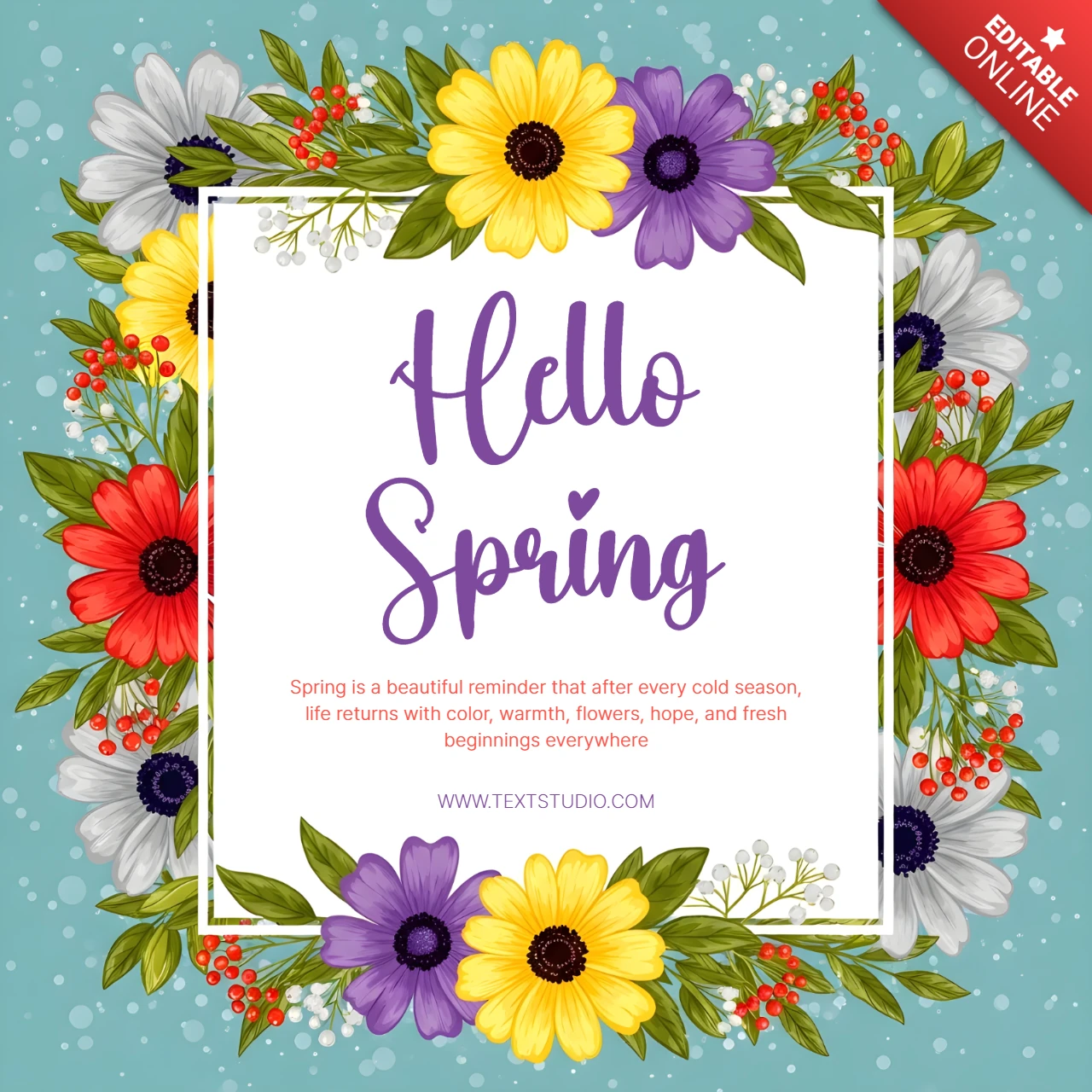 Spring Floral Design Template for Greeting Cards with Vibrant Flowers and Whimsical Typography