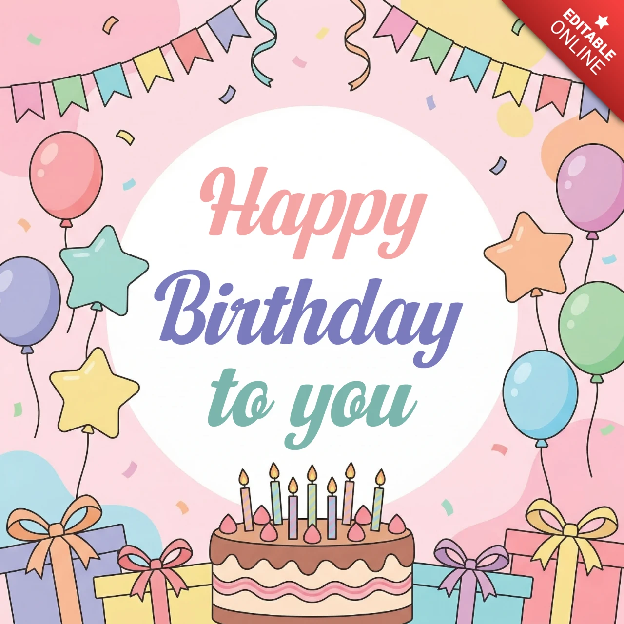 Póster decorativo de cumpleaños con fondo rosa, globos, pastel y alegres deseos de cumpleaños.