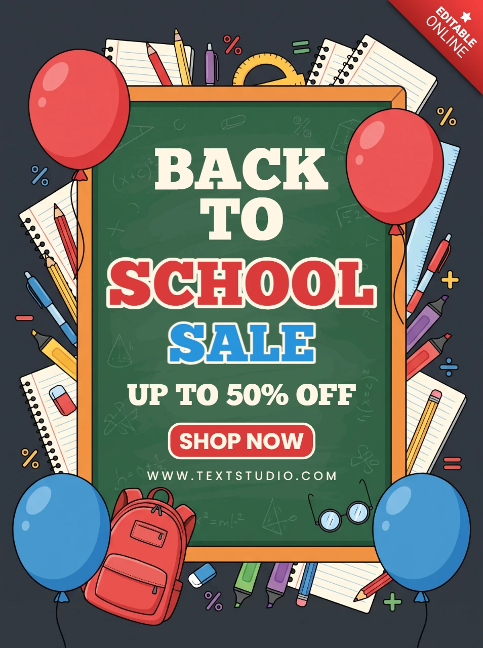 Back to school sale poster with blackboard and colorful school supplies and balloons