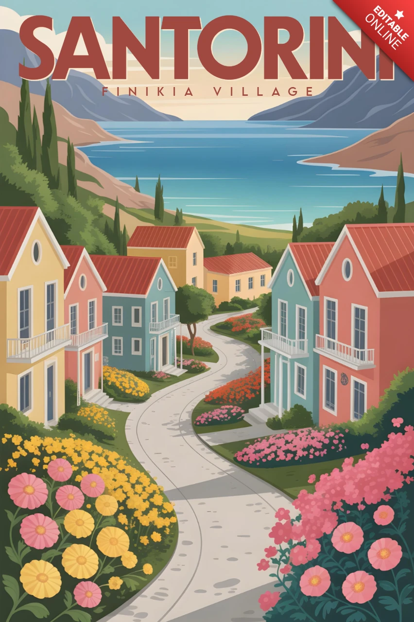 Villaggio di Finikia con case colorate e giardini fioriti, modello di design per poster di viaggio a Santorini.