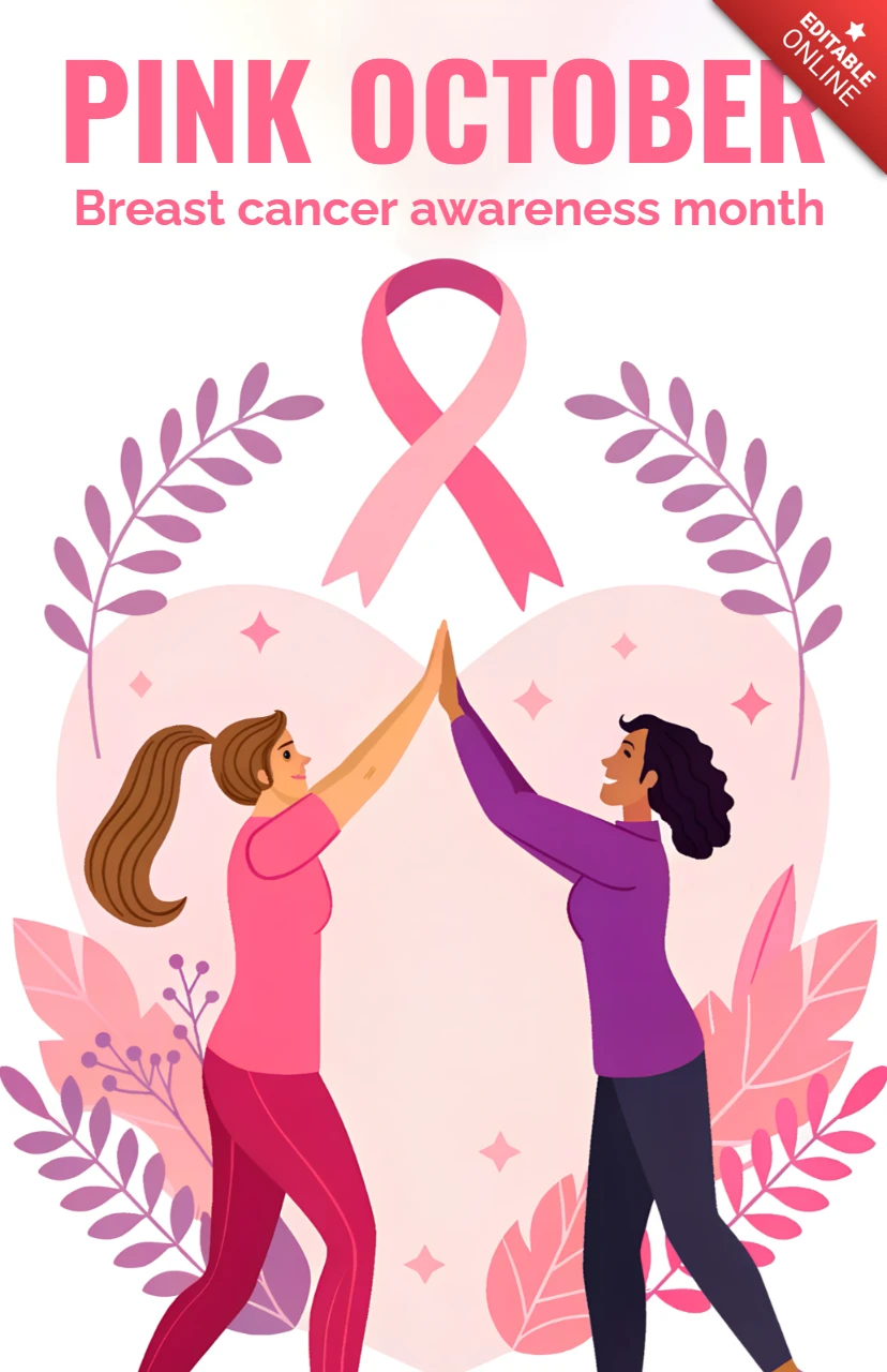 Pink October Awareness Month Design Template for Posters Featuring Supportive Women and Ribbon Graphics