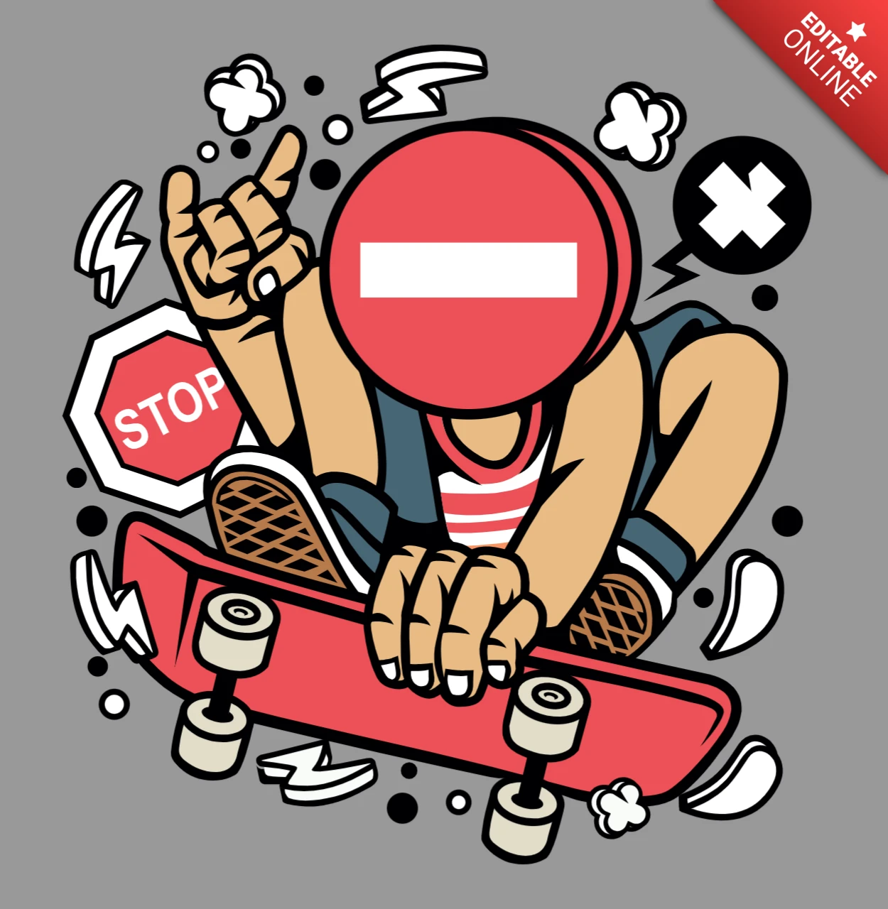 Plantilla de diseño de personaje de dibujos animados de patineta con señal de stop