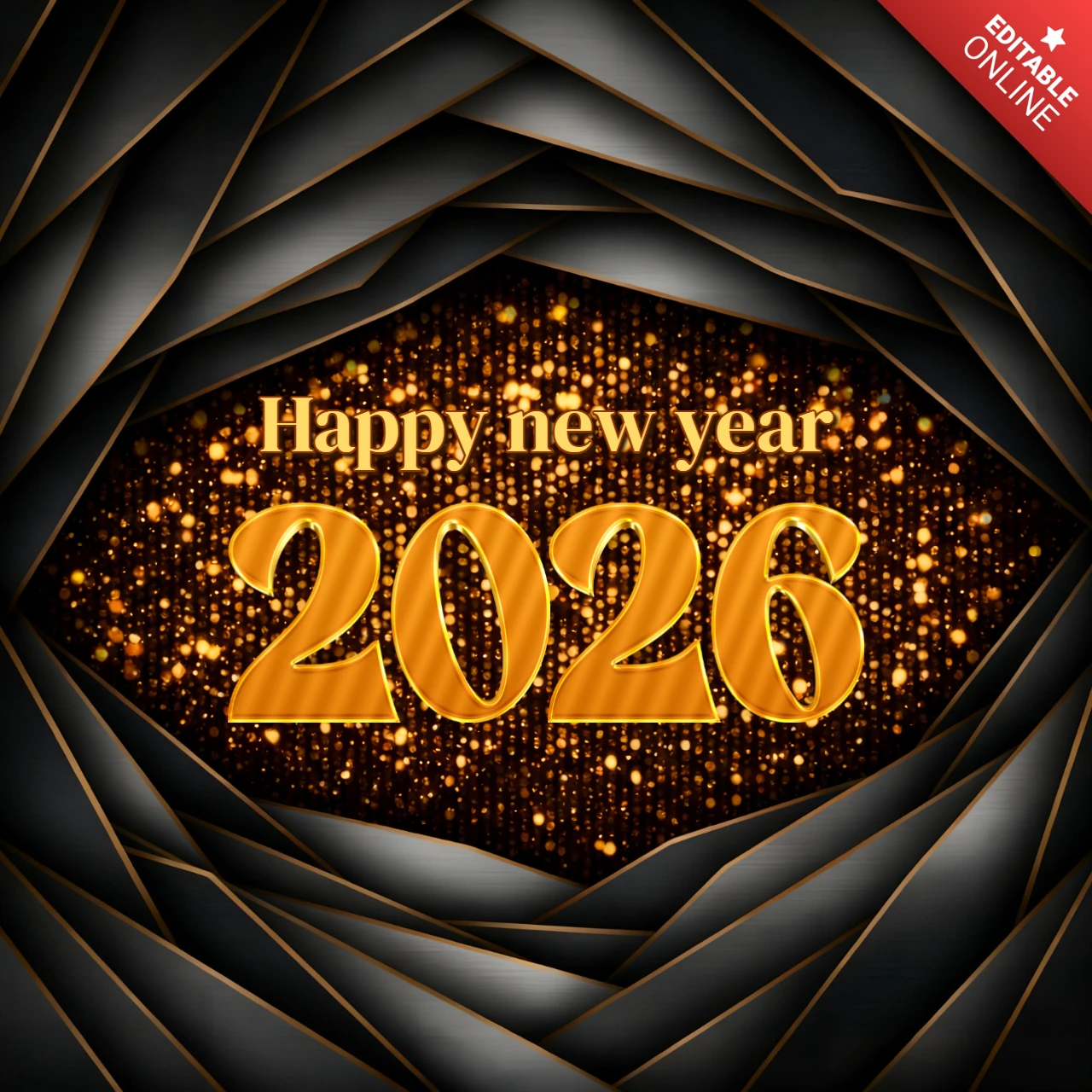 Elegante Neujahrsfeier-Vorlage 2026 mit funkelndem Golddesign für Grußkarten